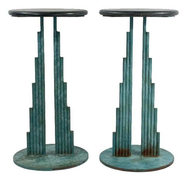 Curtis Jere Brutalist patinated steel and slate pedestal side tables, each signed C. Jere 1987, sold for $1,300 the pair at Gray's Aug. 6, 2014 auction. Image courtesy of LiveAuctioneers and Gray's Auctioneers & Appraisers