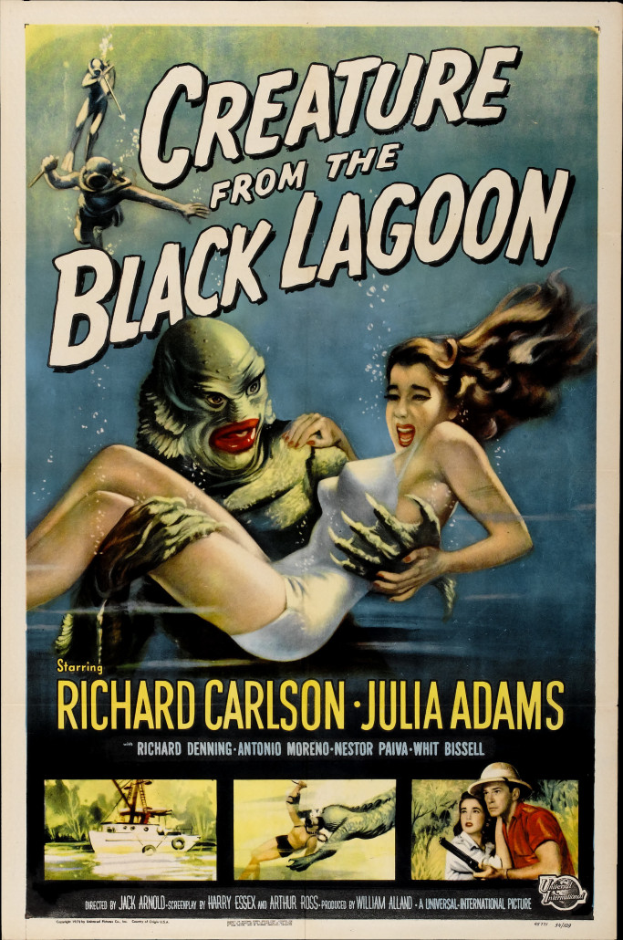 This mint condition one-sheet poster for 'Creature from the Black Lagoon' (1954) brought over $25,000 at auction. Talented poster artist Reynold Brown depicted the beautiful heroine forcibly rejecting the Gill Man’s romantic overtures. Heritage Auctions image