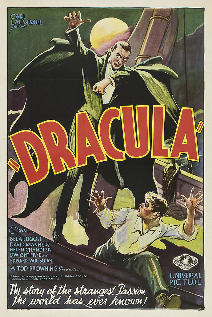 When 'Dracula' debuted in 1931, starring the then unknown Hungarian actor Bela Lugosi, posters with various designs were issued to promote the film. This dramatic one sheet shows the count leaping off the ship that carried him to England. The rare image, restored and linen-backed, sold for $310,700 in 2009. Heritage Auctions image
