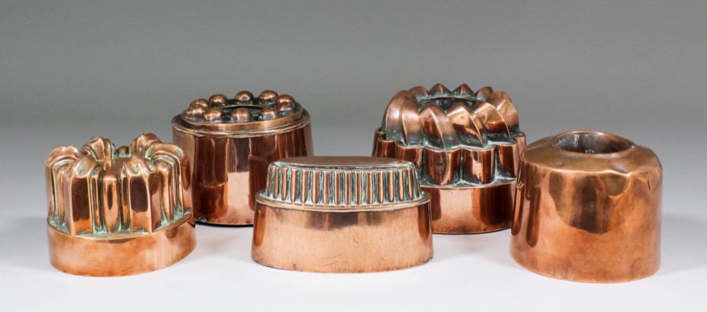 A group of five Victorian jelly molds estimated at £150-£200. Photo The Canterbury Auction Galleries