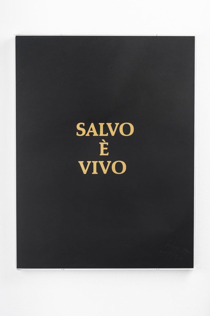 Salvo, ‘Salvo lives / Salvo is dead,’ 1977, serigraph on board, 65 x 50 cm, edition of 100. Photo: Jan Windszus, courtesy Mehdi Chouakri, Berlin