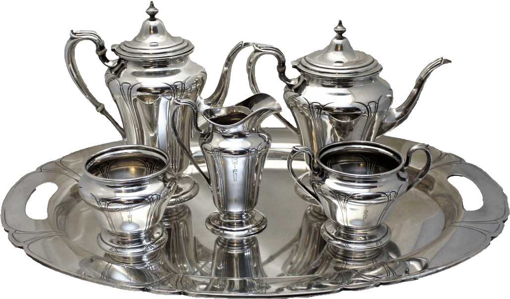 A circa 1929 sterling silver tea service by Richard Dimes, Boston. The matching sterling silver tray will be sold as a separate lot. Charleston Estate Auction image