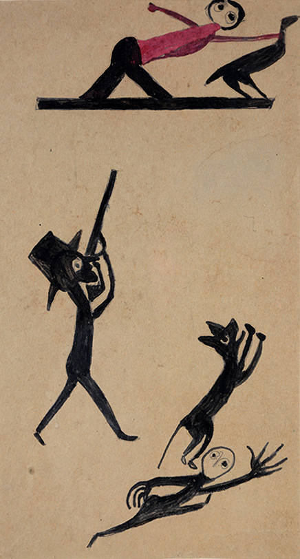 Lot 201 – Bill Traylor, ‘Chicken Stealing,’ paint on cardboard, image is 13 1/4in x 7 1/4in, Estimate: $55,000-$75,000. Slotin Auction image