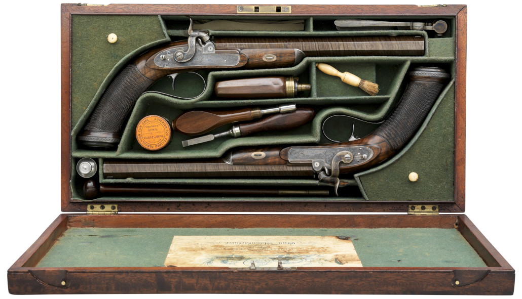 This fine cased pair of 40 bore percussion rifled dueling pistols by J. Purdey, dating from 1834, is estimated at £15,000-£20,000. Thomas Del Mar Ltd. image