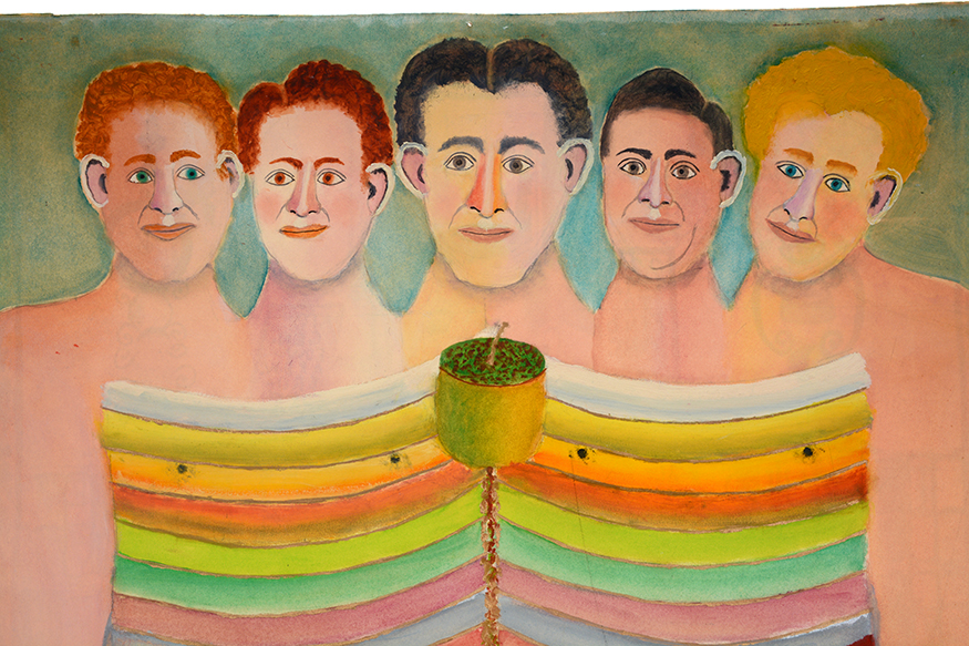 Lot 313 – New discovery by ‘Thomas,’ (detail of) ‘How Many Different Heads of the Characters Are in One Head,’ 1964, paint and watercolor on poster, double-sided, 29in x 21in. Estimate $3,000-5,000. Slotin Auction image 