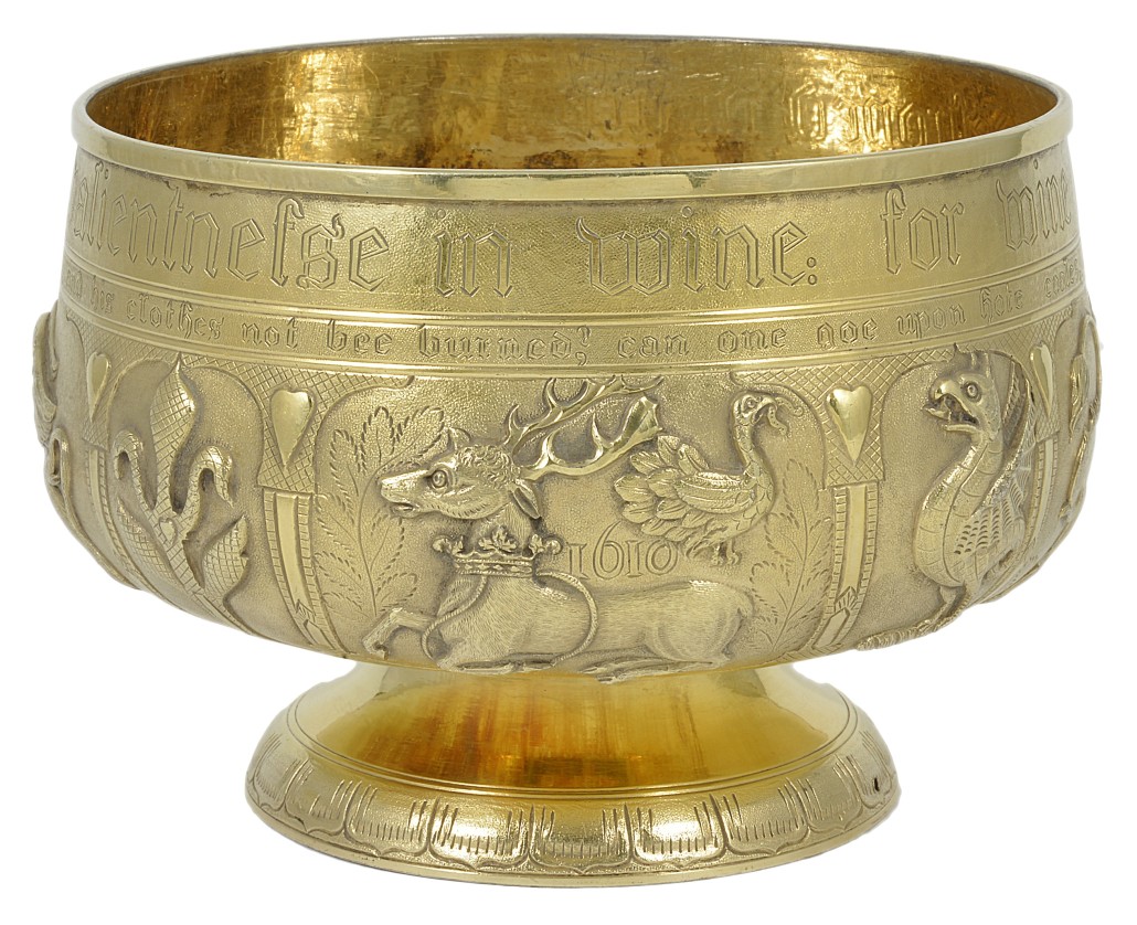 Silver-gilt bowl by Edward Farrell, London, 1824 chased with panels containing the arms of James I and his emblems and the date 1610. Estimate: £1,500-£2,000. 