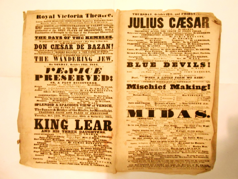 1844 playbill poster, Royal Victoria Theatre. Estimate: £20–£40. Heliers Auctions image