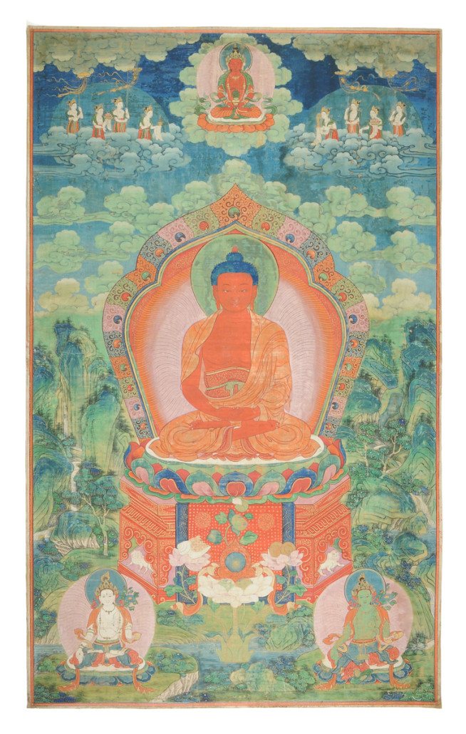 This Tibetan thangka of Amitabha Buddha, late 18th/early 19th century, sold for more than $191,000. Simpson Galleries image