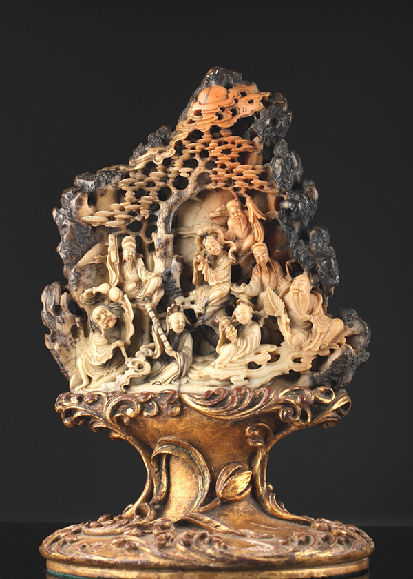 Large decorative Chinese carving depicting eight immortals in landscape, lamp mounting attrib. Edward Farmer, NYC; 14 inches tall. Provenance: Cape Cod, Mass., private collection. Est. $2,000-$3,000