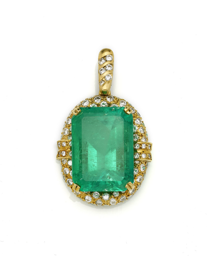 Emerald, diamond and gold pendant featuring a Colombian emerald weighing approximately 30 carats, 1 3/4in high. Estimate: $30,000-$40,000. I.M. Chait Gallery / Auctioneers image