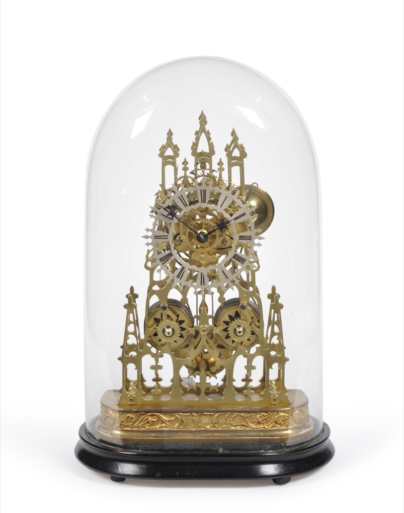 A good brass skeleton striking clock, circa 1880, sold for £1,800. Photo Tennants Auctioneers
