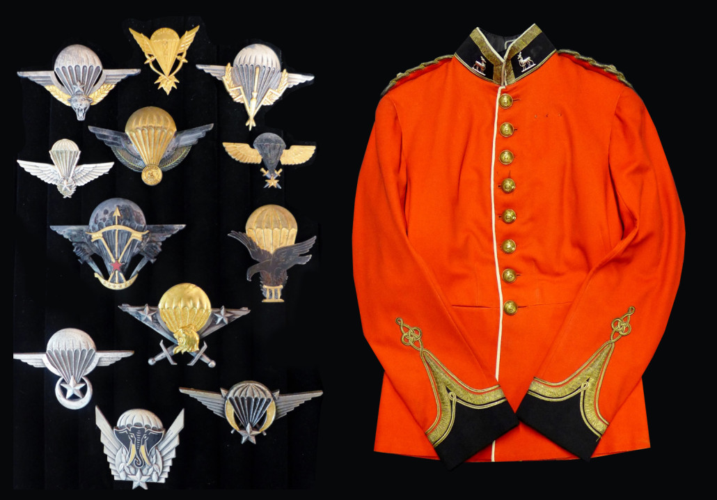 Collection of French Foreign Legion African Airborne paratrooper wings and full dress British Army tunic, early 20th century, belonging to Lt. Col. John F. Elkington. From the Gene Christian estate collection to be auctioned Nov. 18 by Sterling Associates of Closter, N.J.