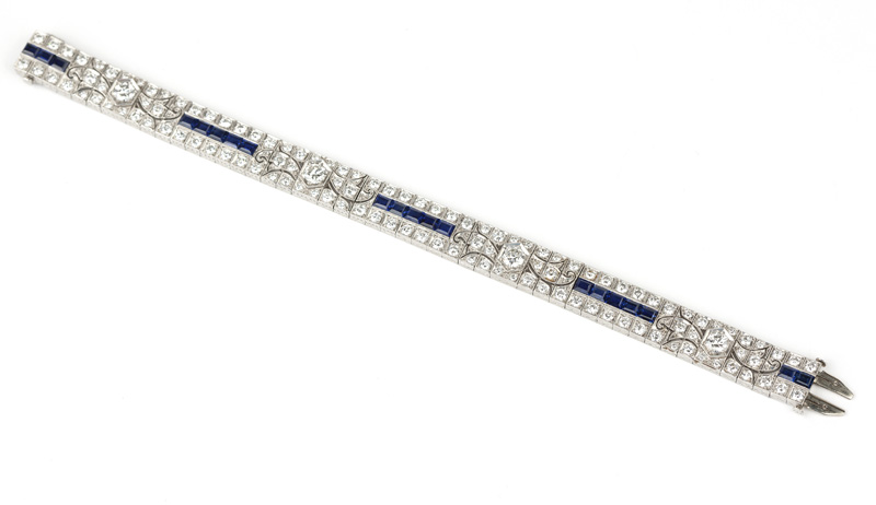Art Deco-era jewelry design is represented in Moran’s December catalog by a number of pieces including this circa 1925 platinum, diamond and sapphire bracelet. Estimate: $12,000 to $15,000. John Moran Auctioneers image