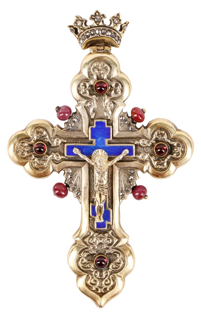 Early 20th century gilt silver, diamond, ruby and guilloche enamel Fabergé cross necklace pendant with a diamond accented crown at the top. Price realized: $9,440. Ahlers & Ogletree image