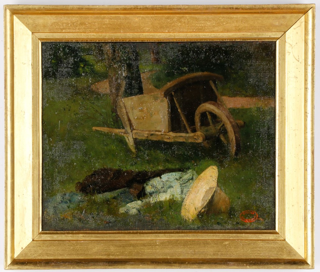 Unsigned 19th century French School oil on canvas rendering of a wheelbarrow. Price realized: $7,080. Ahlers & Ogletree image