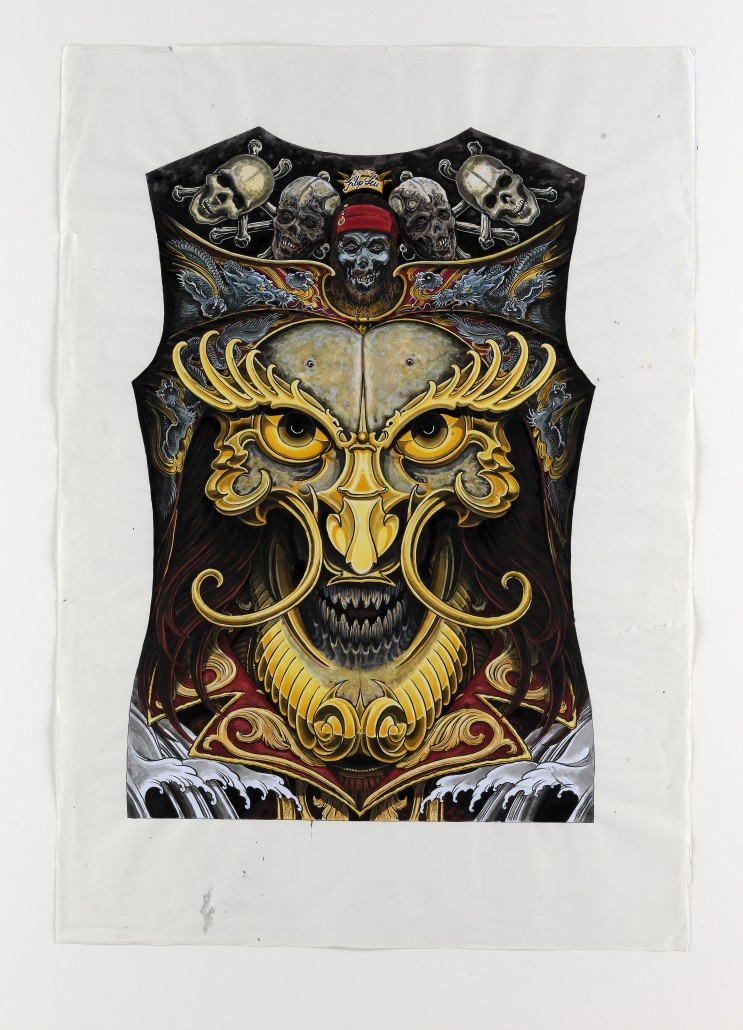 Lot 16 – Filip Leu, (Swiss) known for his strength in freehand tattooing and hand-ground mortar and pestle dyes. Mixed media on paper, 25in x 17in, signed. Estimate: Estimate: $30,000-$40,000. Guernsey’s image