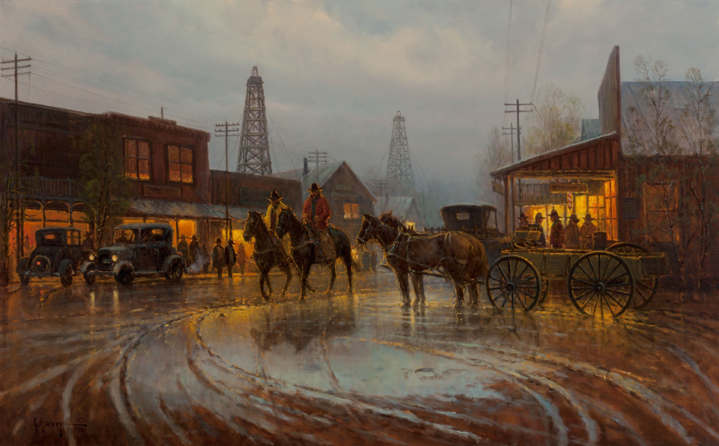 G. (Gerald Harvey Jones) Harvey (American, b. 1933) ‘Beginning of a Boomtown,’ 1981, oil on canvas. Price realized: $149,000. Heritage Auctions image