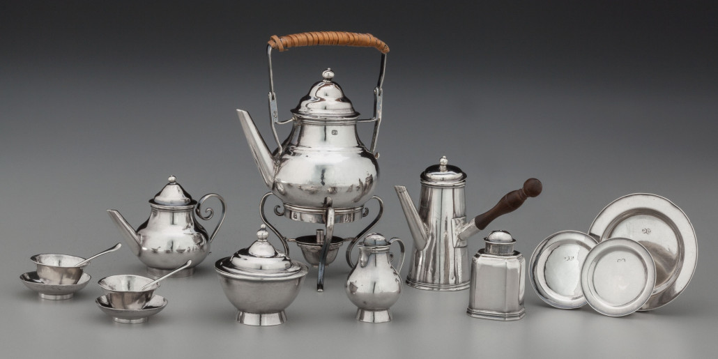 David Clayton George I miniature silver tea service, 34 pieces, London, circa 1720, 4 1/8 inches high (kettle), 246 grams (gross). Estimate; $12,000-$18,000. Heritage Auctions image 