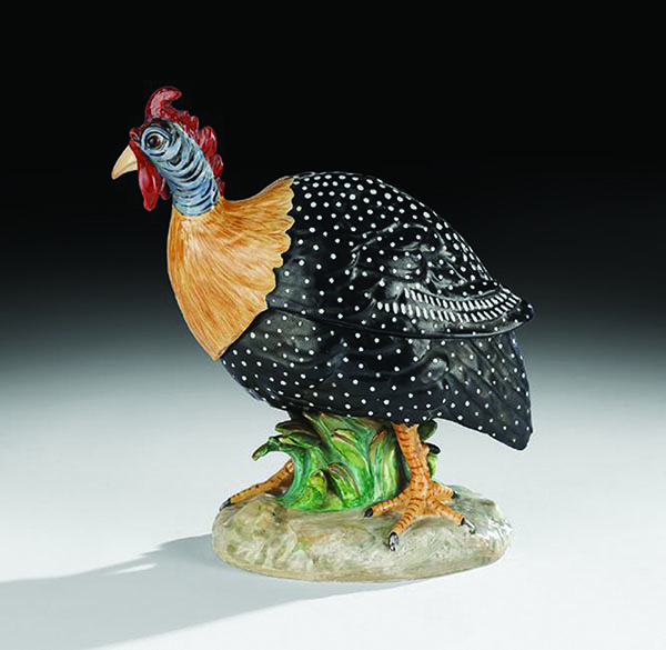 This 11-inch-long 19th-century French tureen by Jacob Petit is a good likeness of a guinea fowl. The rare piece of porcelain sold for $5,417 in 2015. 