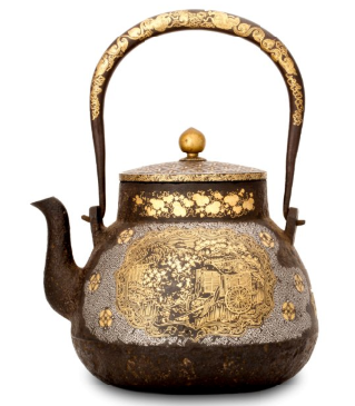Cast-iron teapot decorated with a Japanese royal garden pattern. Made by Jinshoutang Studio. L&H Auction image