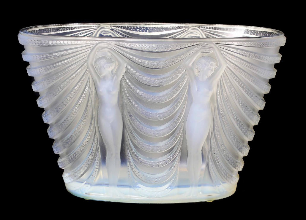 Rare and fine opalescent glass vase by Rene Lalique titled ‘Terpsichore,’ introduced in 1937, 8 1/4in. Price realized: $36,000. A.B. Levy’s image