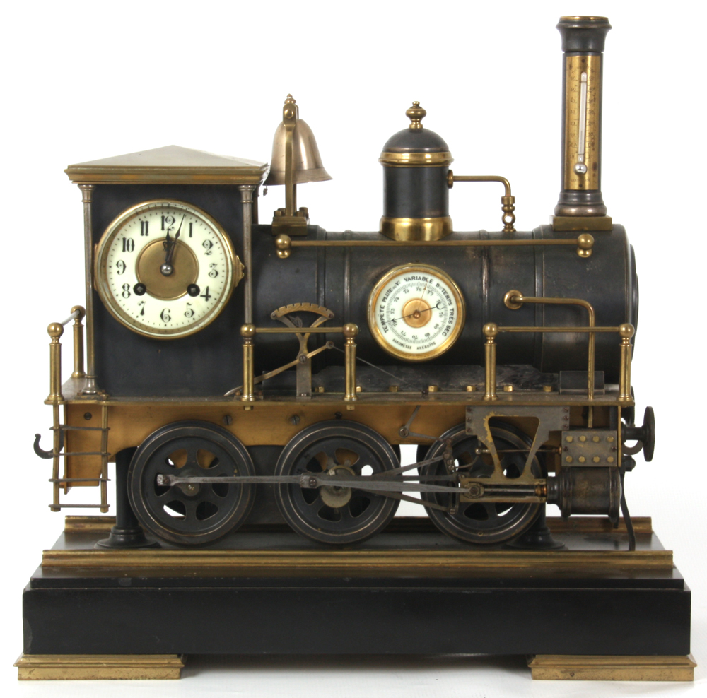 Bronze animated locomotive industrial clock with a case in the form of a steam locomotive on a black marble base with gilt rails. Estimate: $25,000-$35,000. Fontaine's Auction Gallery image