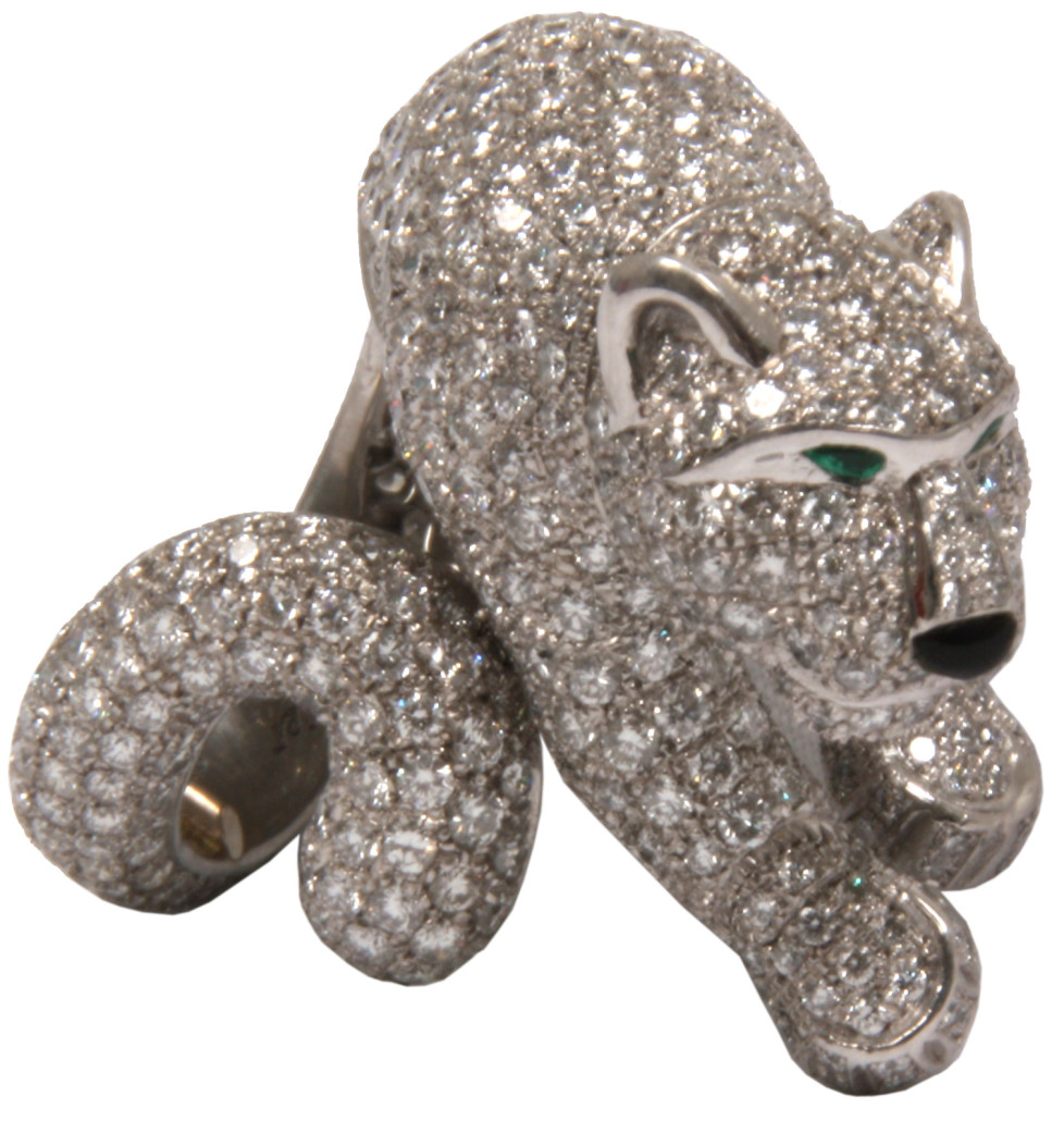Cartier platinum and pave set diamond ring in the form of a panther cat with its tail wrapped around to form a size 9 ring band. Estimate: $25,000-$30,000. Fontaine's Auction Gallery image 