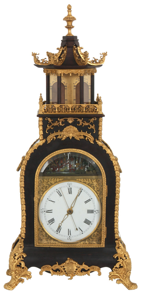 Chinese triple fusee animated bracket clock with 6-inch porcelain dial and black Roman hour numerals. Estimate: $75,000-$125,000. Fontaine's Auction Gallery image 