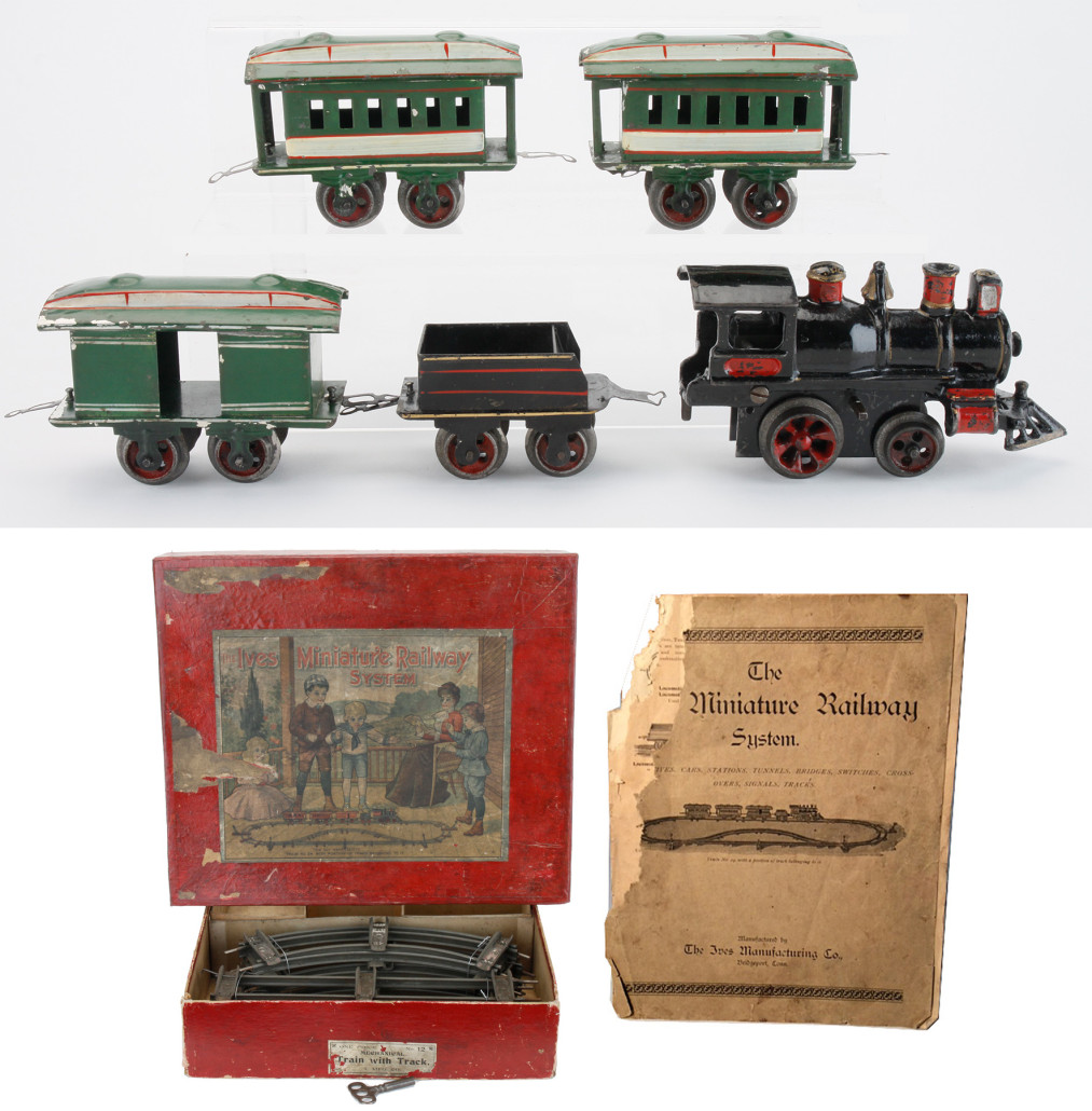 Circa 1901-02 Ives passenger train set No. 11 or 12, with original illustrated box, key and instructions booklet, est. $3,000-$4,000