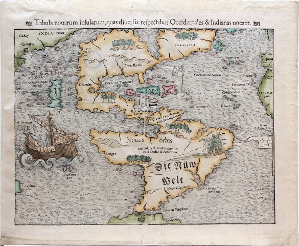 Double-page woodcut map of North and South America by Sebastian Munster, circa 1558-1559, in near-fine condition. Estimate: $3,000-$5,000. Waverly Rare Books image 