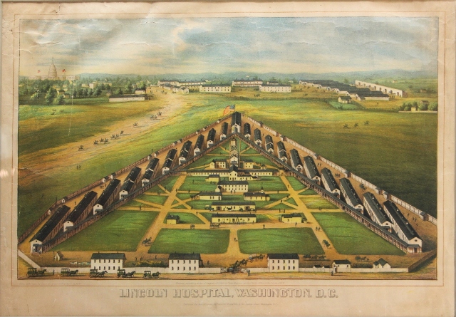 One lot of four Charles Magnus Civil War-era color lithographs, each depicting a hospital in Washington, D.C. Est. $300-$500. Waverly Rare Books image