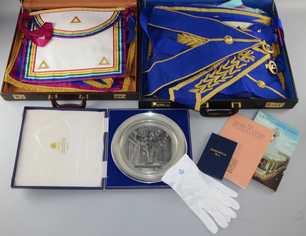 A collection of Masonic medals and regalia including silver plated dish, Founder and 205th Anniversary medals and a Masonic Trust for Girls and Boys medal. It sold for £170. Photo Ewbank’s Auctioneers