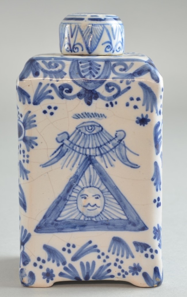 A rare Delft blue and white tea caddy and cover painted with Masonic symbol sold for £380. Photo Ewbank’s Auctioneers