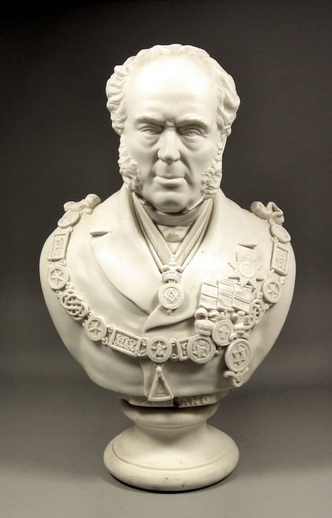Parian bust of Thomas Earle, Second Earl of Zetland (1795-1873) wearing an array of Masonic jewels and the Chain of Office as the Grand Master for the United Grand Lodge of England. The bust sold for £460. Photo The Canterbury Auction Galleries 
