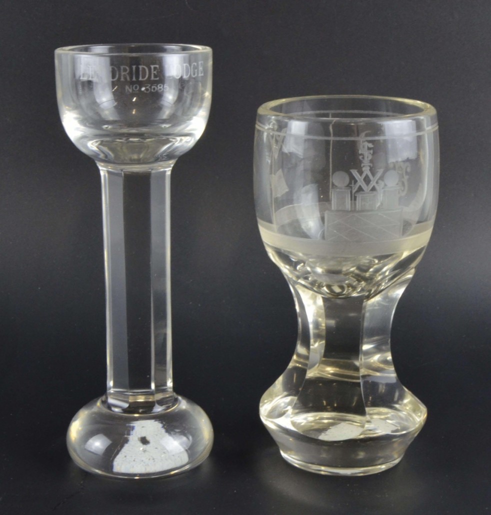 Two Masonic engraved firing glasses in a sale on Nov. 20 with an estimate of £80-120. Photo Ewbank’s Auctioneers