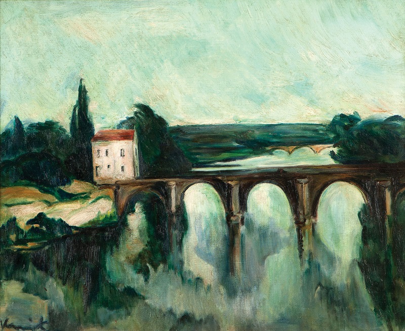 Maurice de Vlaminck’s (French, 1876-1958) 1907 work, ‘Le Vieux Pont de Mantes en Seine-et-Oise.’ will go up to the auction block with an $80,000 to $100,000 estimate. John Moran Auctioneers image
