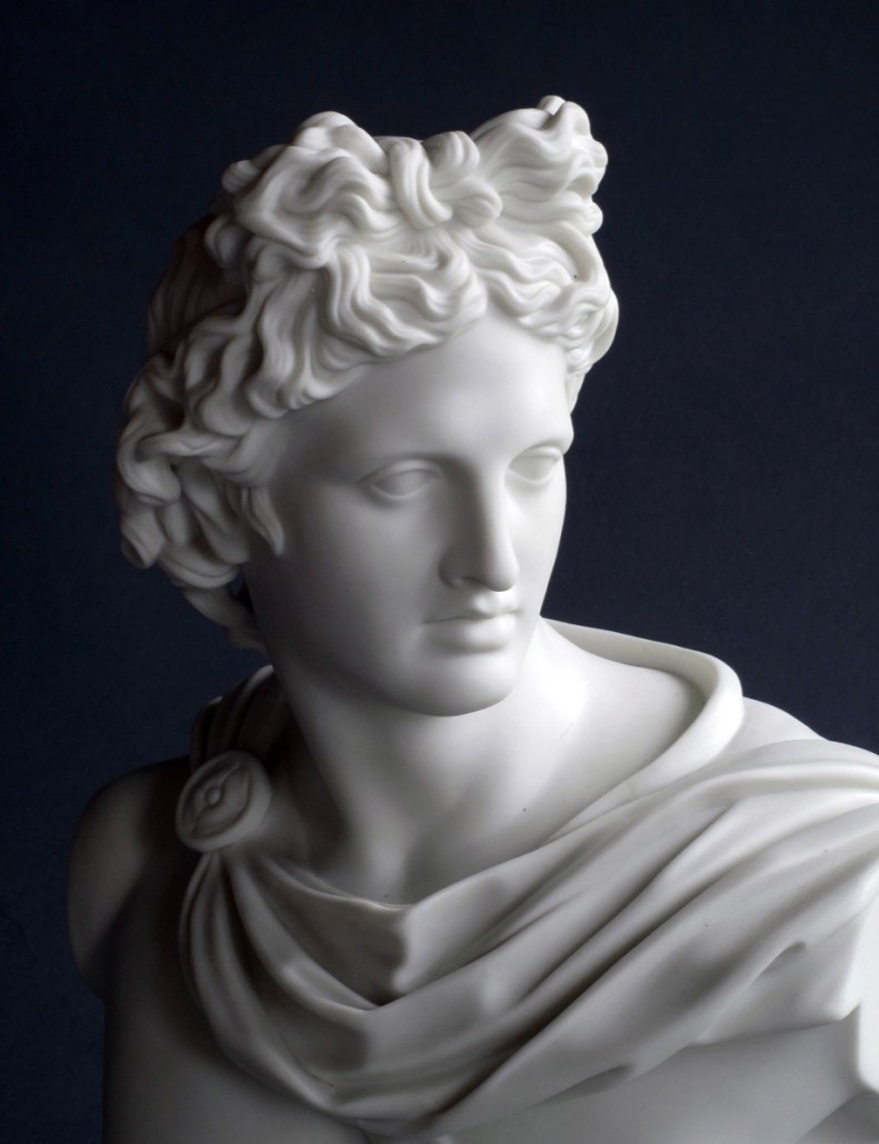 A Parian bust of Apollo Belvedere, sculpted by C. Delpech after the classical sculpture of the same name, and commissioned by the Art Union of London in 1861. 