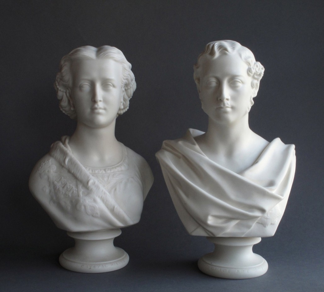A pair of Copeland Parian busts of Albert Edward, Prince of Wales and Alexandra, Princess of Wales, produced for the Crystal Palace Art Union in 1863. The bust of the Prince of Wales was sculpted by Marshall Wood, and that of the Princess by F.M. Miller. Photo: Drove House Antiques