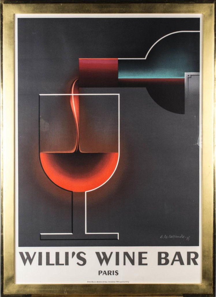 Willi's Wine Bar lithograph poster, A.M. Cassandre, 1984. Sold for $4,200. Capo Auction image