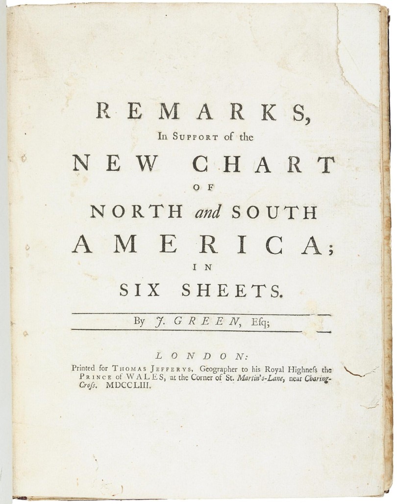 Lot 30 – The first offering at auction in 35 years of 'John Green’s Chart of Americas with Remarks,' 1753, sold for $131,500. PBA Galleries image
