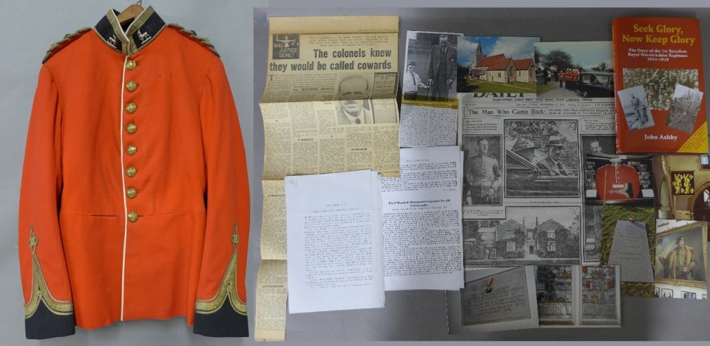 Early 20th century British officer’s full dress tunic belonging to Lt. Col. John F. Elkington, accompanied by news clippings, photos and two books pertaining to Elkington, ex Gene Christian collection. Est. $600-$1,000