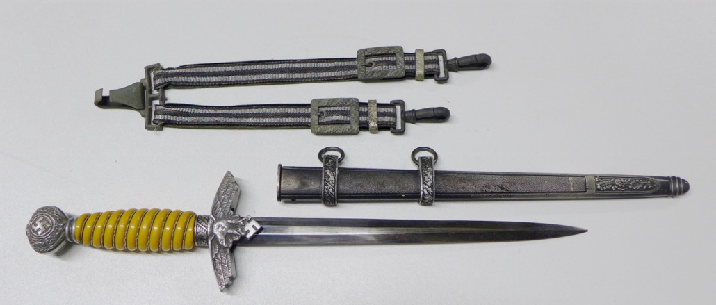 World War II German Second Model Luftwaffe dagger with sheath and hangers, maker’s mark and hallmark on blade, ex Gene Christian collection. Est. $700-$800