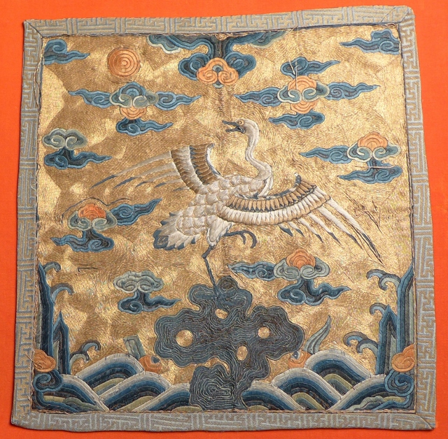 Chinese Imperial civil rank badge, embroidered with metallic silk threat, ex Gene Christian collection. Est. $600-$800