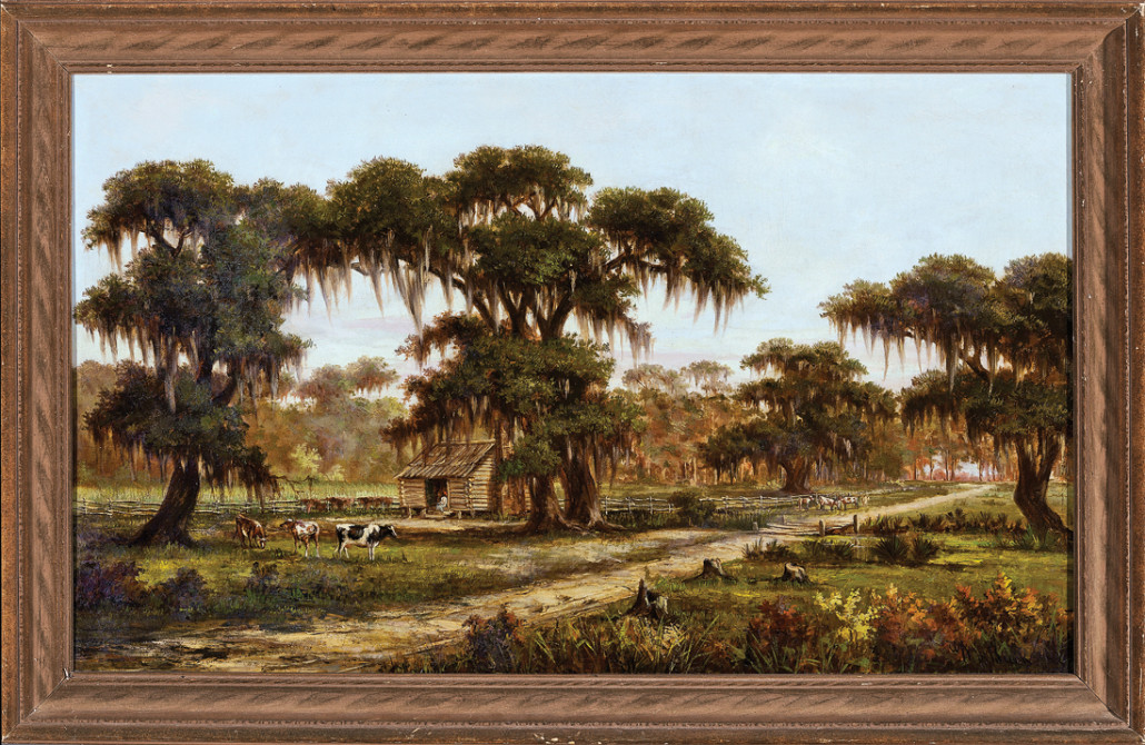 William Henry Buck ▪ $118,750.00 'Cattle Grazing beside a Cabin among Live Oak Trees, by William Henry Buck. Price realized: $118,750. Neal Auction Co. image