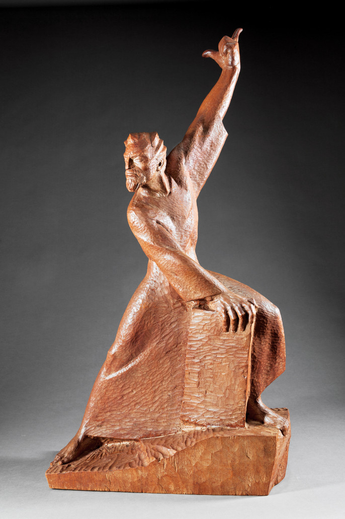 Enrique Alferez, carved wood statue of 'Moses.' Price realized: $55,125, an auction record for the New Orleans artist. With a presale estimate of $15,000 to $25,000, lot 288, a carved wood sculpture of “Moses
