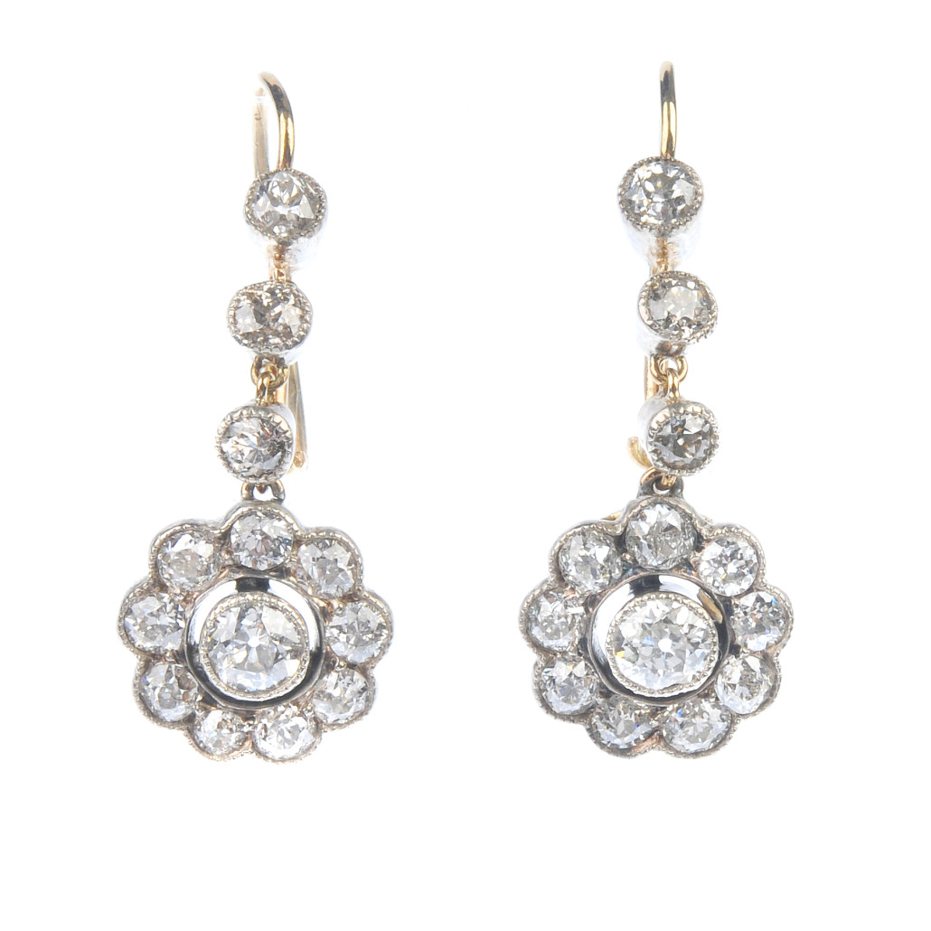 Lot 129 - Pair of floral cluster drop earrings, (est. £600 - £800). Fellows image