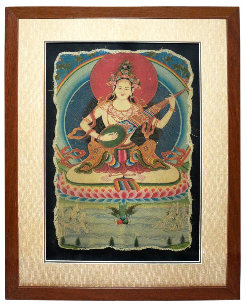 Lot 194 – one of two thangka wall murals. This one depicts Goddess Sarawati, 22 x 16 inches. Estimate: $3,000-$4,000. A similar thangka mural, Lot 195, depicts Ushnishavjiaya. Gianguan Auctions image