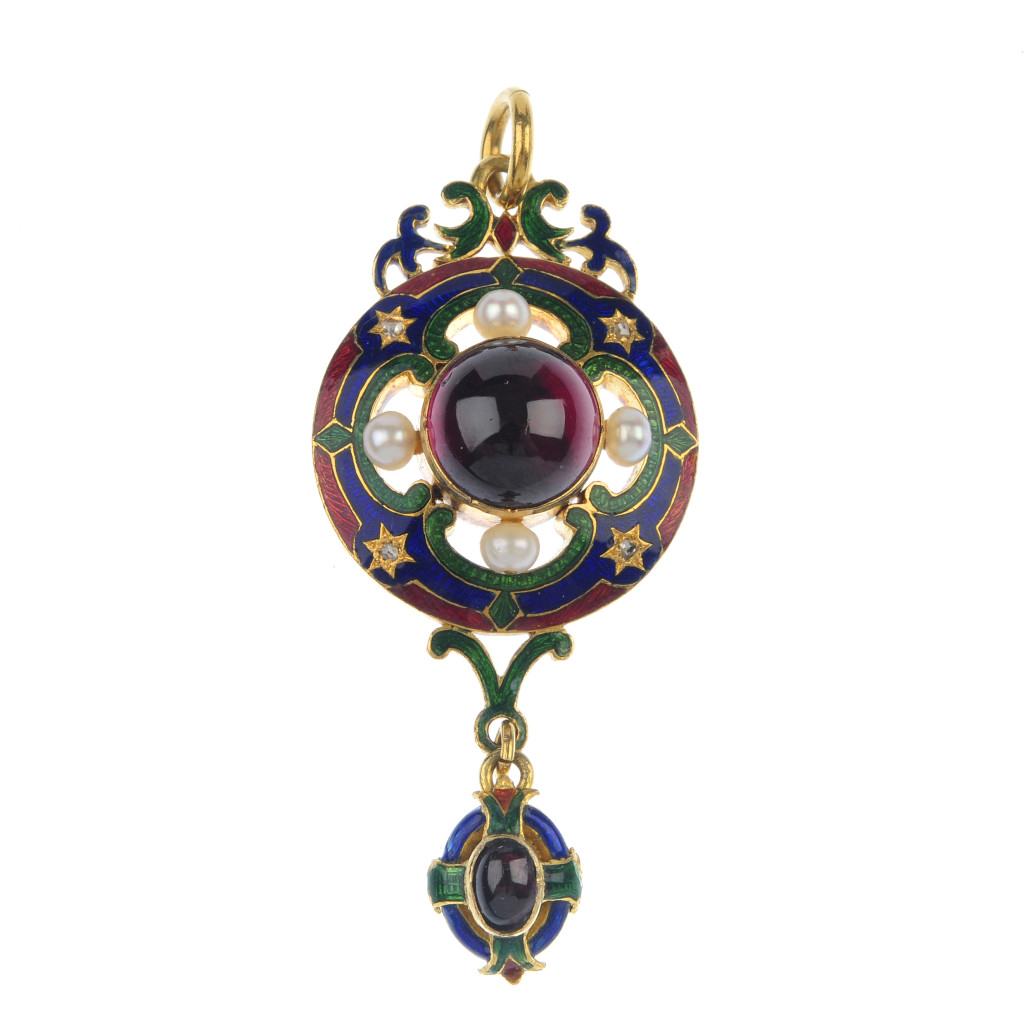 Lot 45 - Holbeinesque enamel pendant set with pearls and a cabochon garnet (est. £2,500 - £3,000). Fellows image