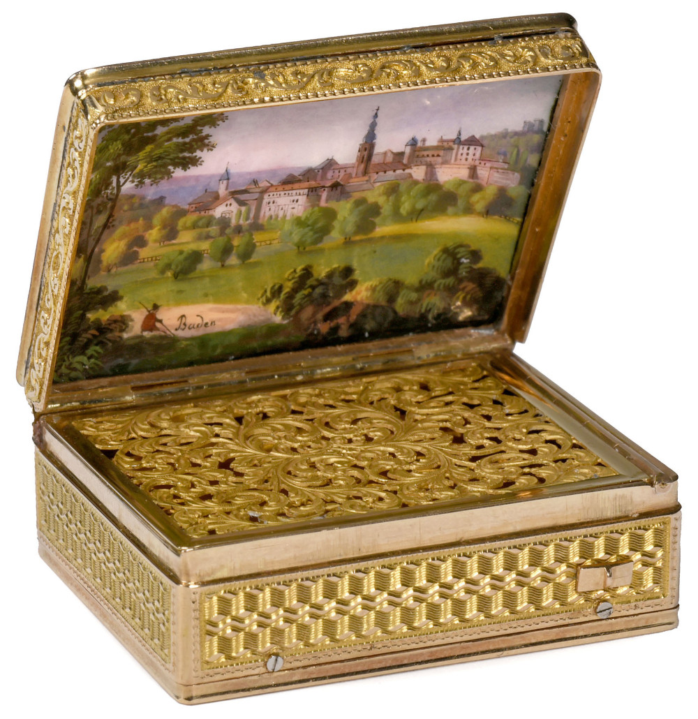 This fine 18K gold and enamel musical vinaigrette by Geneva makers Moulinié, Bautte et Moynier sold for close to €24,600/US$26,800. Auction Team Breker image