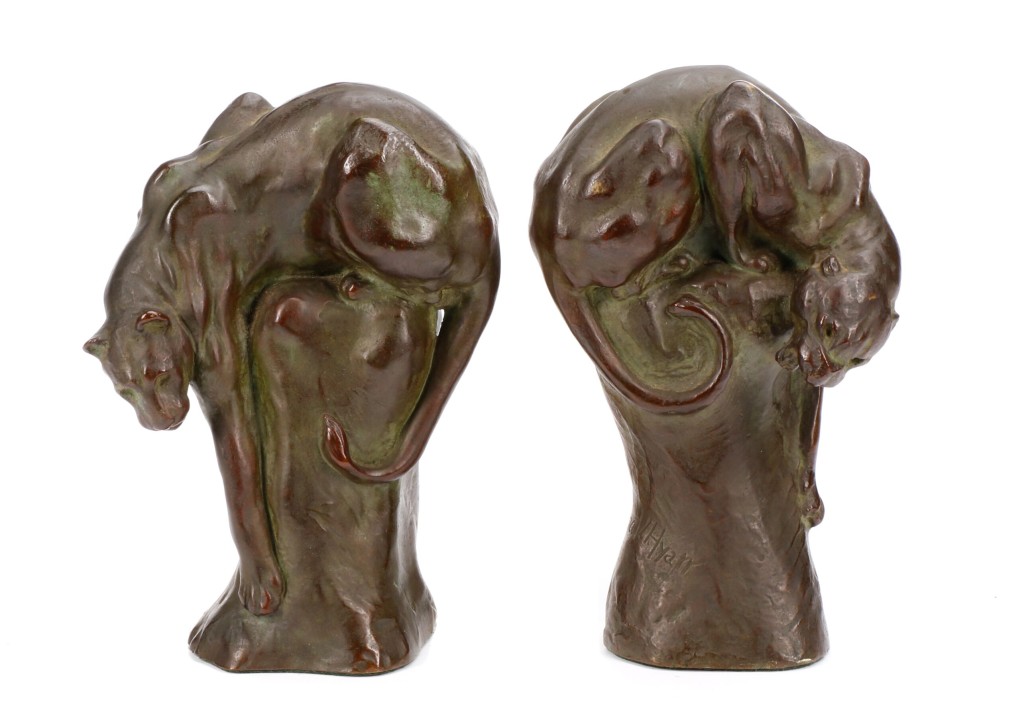Pair of figural bronze sculptures by Anna Vaughn Hyatt Huntington (American, 1876-1973), titled Reaching Jaguar and Descending Jaguar, both circa 1906